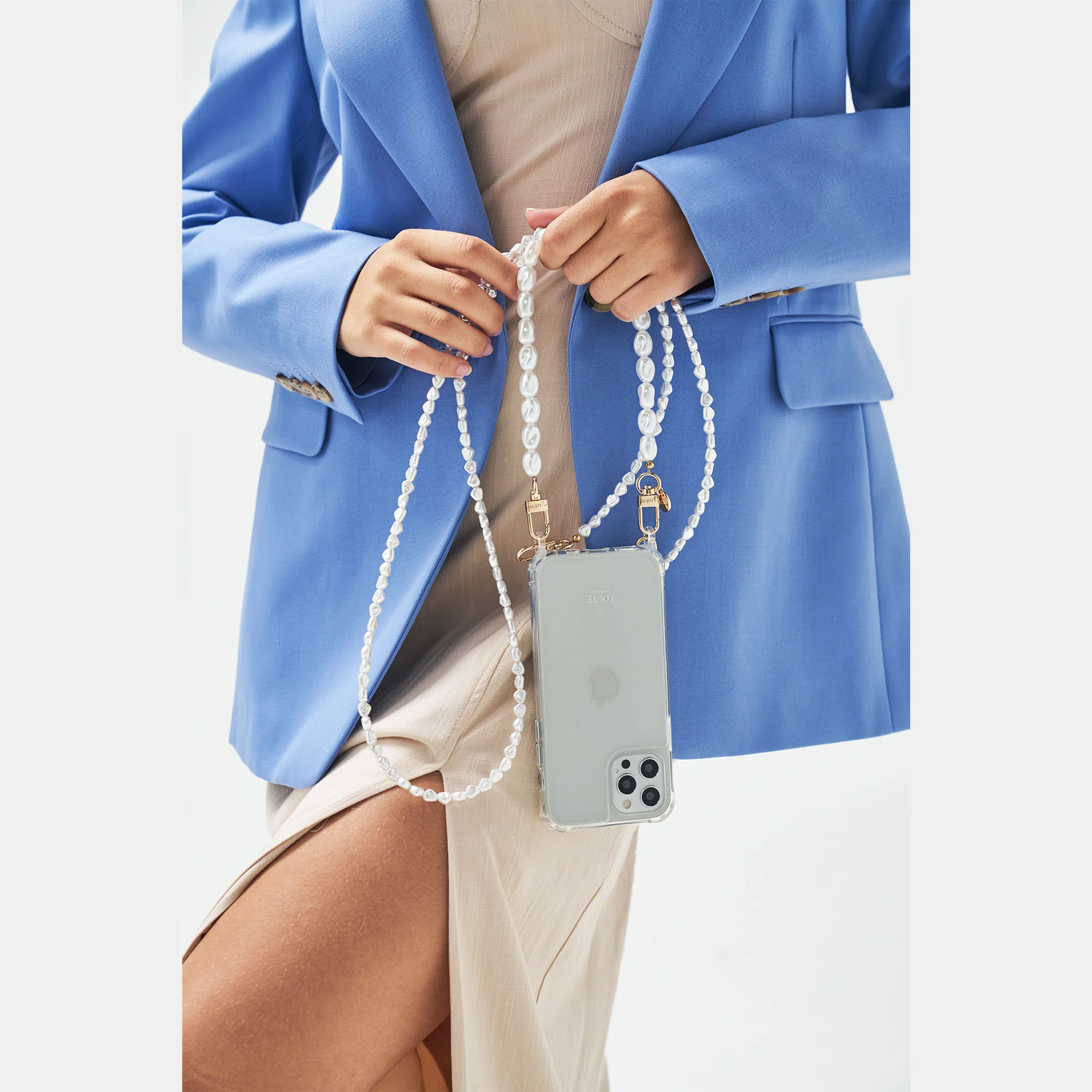 Clear Phone Case + Pearl Wristlet & Crossbody Chain + Black Strap - Image 4